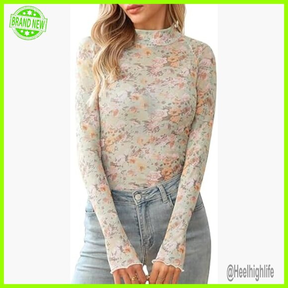 Tops - Floral Lace Mesh Long Sleeve Top, Slim Fit Sheer Mock Neck Shirt